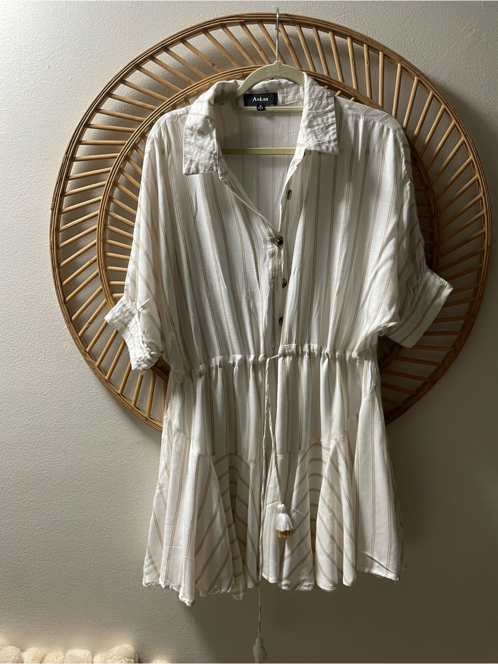 Aakaa Cream and Tan Striped Button-Front mini dress